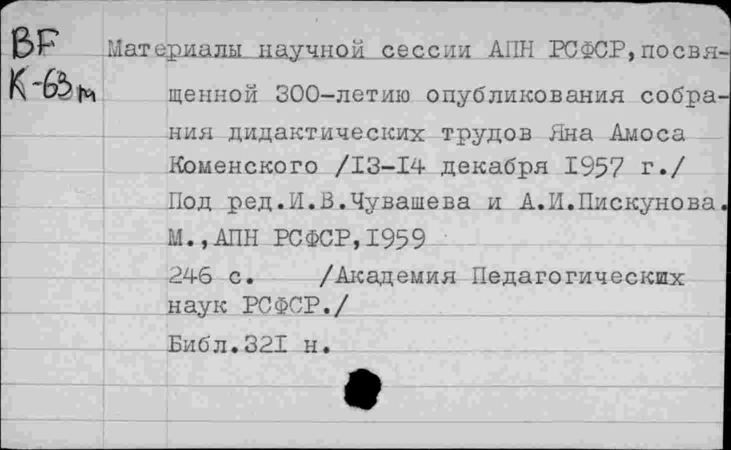 ﻿ВР
Материалы__научной._сессии АПН РСФСР,посвя щепной 300-летию опубликования собра ния дидактических трудов Яна Амоса Коменского /13-14 декабря 1957 г./ Под ред.И.З.Чувашева и А.И.Пискунова М.,АПН РСФСР,1959 246 с. /Академия Педагогических наук РСФСР./ Библ.321 н.